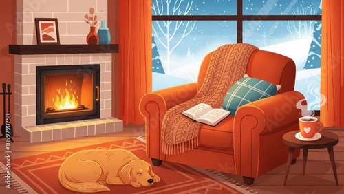 Cozy living room scene with a dog sleeping by the fireplace on a cold winter evening