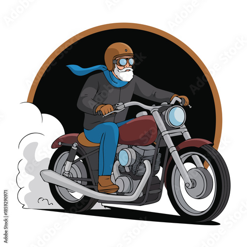Old man riding motorcycle in motion.