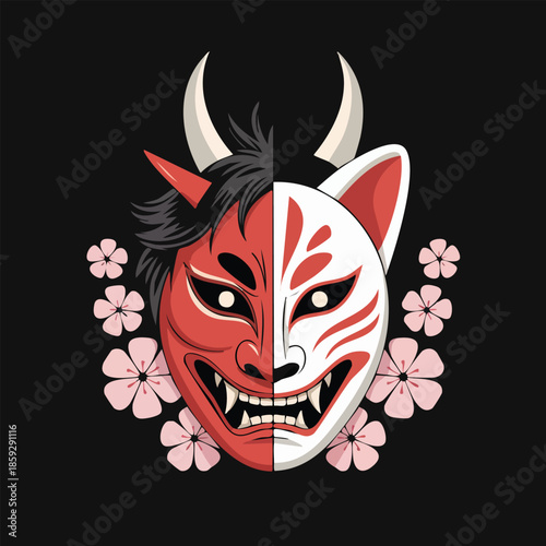Split Demon Mask Portrait with Floral Accents.