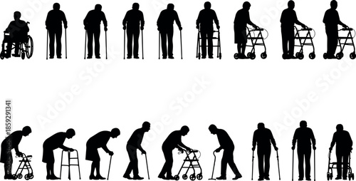 Silhouette collection of elderly people using mobility aids including wheelchairs walkers crutches and canes for geriatric healthcare and physical therapy rehabilitation