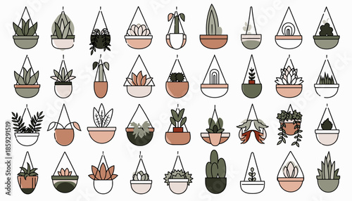 A captivating collection of minimalist hanging terrariums and potted succulents, featuring diverse plant life in elegant geometric containers, perfect for modern design.