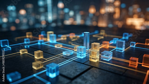 Glowing blue and orange cubes connected by light lines on dark surface with bokeh city lights