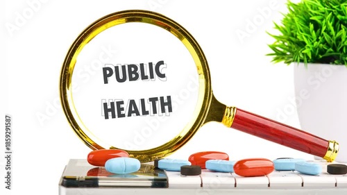 A magnifying glass highlights the words Public Health. Colorful pills are scattered near a potted plant. This symbolizes the importance of healthcare and well-being
