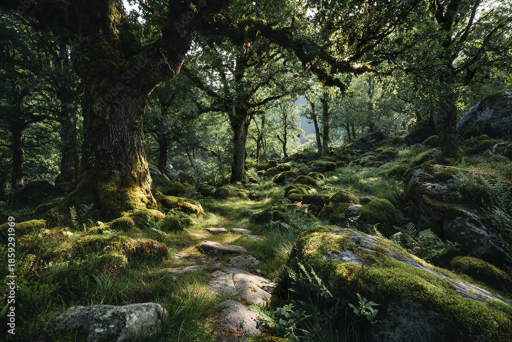 Obraz premium Ancient forest landscape with moss covered rocks and trees, sunlit greenery creating peaceful and enchanting atmosphere in wild natural setting