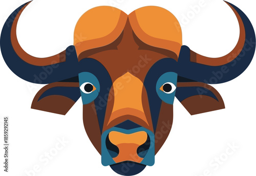 A strong geometric bull head with prominent horns.