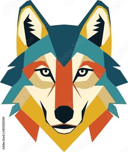 A vibrant geometric wolf head with an expressive face.