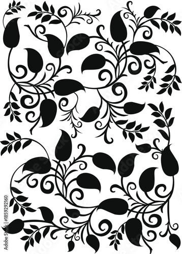 Elegant black and white floral vector with swirling vines and bold leaf silhouettes. This ornamental nature design is perfect for vintage wedding backgrounds stencils or stylish textile printing