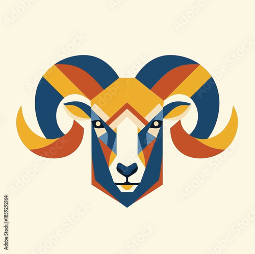 A striking geometric ram head with prominent yellow and blue horns.