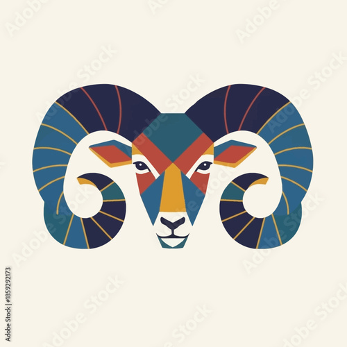 A geometric ram head with majestic blue and orange horns.