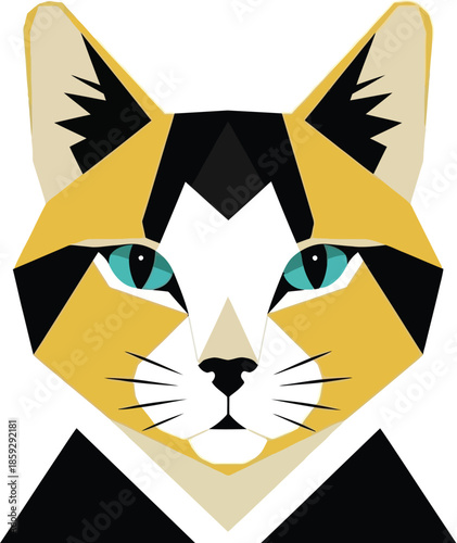 A colorful geometric cat head with piercing blue eyes.