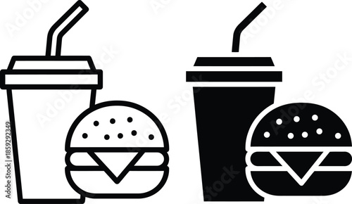 Outline and glyph style fast food icon set featuring a hamburger and soft drink