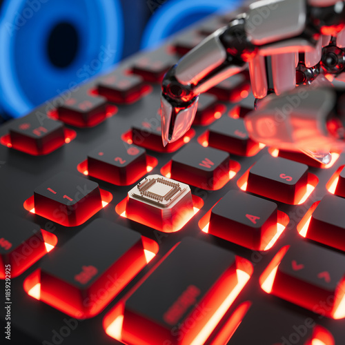 Futuristic robotic hand pressing a keyboard key with quantum microchip, symbolizing artificial intelligence, automation, and advanced digital technology.