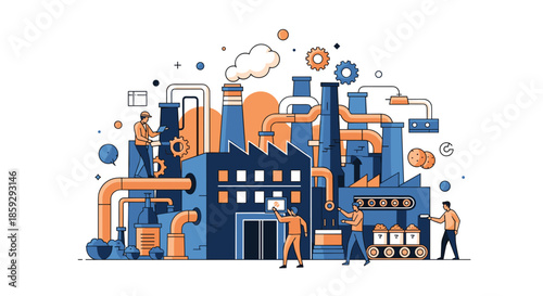 Modern factory operations workers and machinery managing automated industrial production