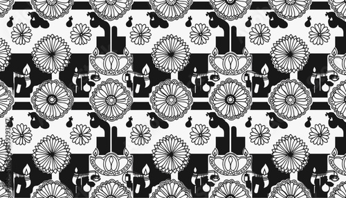 A captivating monochrome pattern featuring intricate floral designs and abstract shapes, creating a visually striking and endlessly repeatable background.