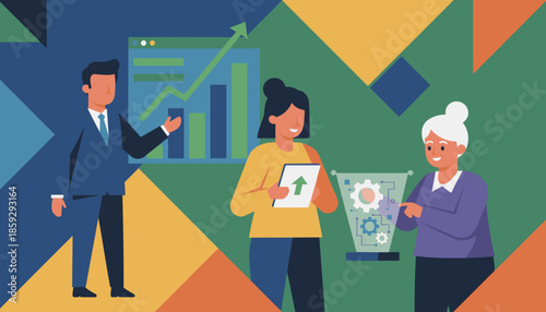 Business team collaborating on data growth success metrics and technological process optimization