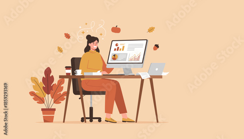 Happy woman works efficiently on business data at a cozy autumn desk remote work illustration