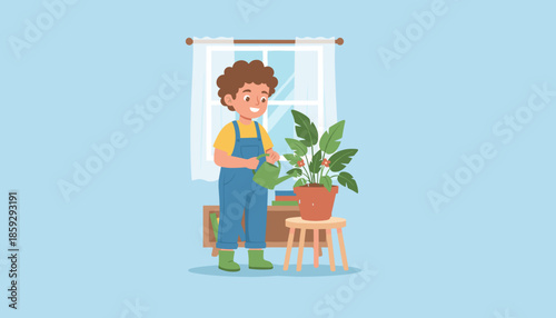 Happy boy watering a potted plant indoors Gardening hobby childhood responsibility