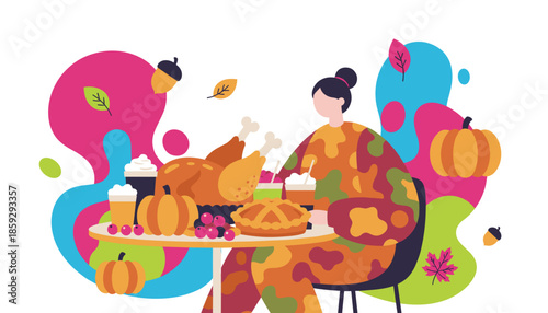 Woman at a table with Thanksgiving turkey pumpkin pie and autumn decor Festive dinner illustration