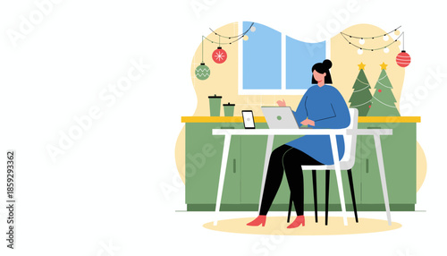 Woman works remotely on her laptop in a kitchen decorated for the Christmas holidays