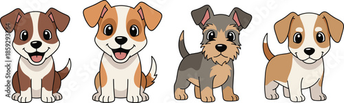 Cute Cartoon Dog Characters Set with Different Breeds Smiling Puppy Vector Illustration