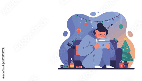 Tired woman sleeping while using a tablet on a cozy sofa during the holidays Exhaustion concept
