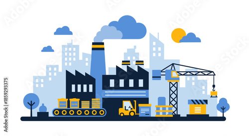 Urban factory illustration with manufacturing logistics conveyor belt and crane