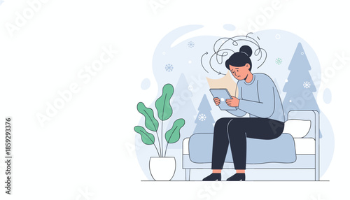 Anxious woman using tablet indoors during winter Stress confusion seasonal mental health illustration