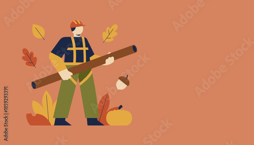 Construction worker holds a pipe Autumn industry labor concept with flat illustration and negative space