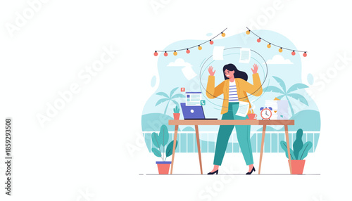 Overwhelmed remote worker facing stress flying papers deadlines and burnout chaos