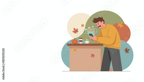 Frustrated man overwhelmed by social media notifications on his phone during an autumn coffee break Digital stress