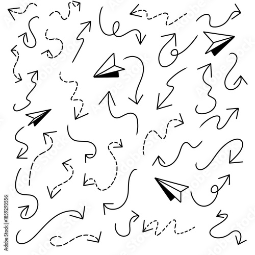 Hand drawn arrow and paper plane doodles