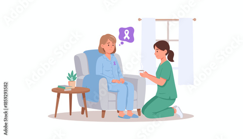 Nurse comforts sad woman wearing a purple ribbon symbolizing illness awareness and care support