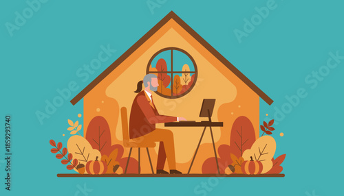Senior man working on laptop in a cozy autumnthemed home office Remote work concept illustration
