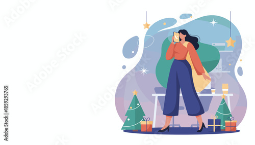 Busy businesswoman on phone in a modern holidaydecorated office balancing work and festive season