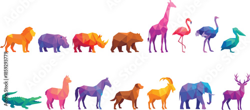 Colorful low poly animal collection illustration, geometric wildlife icons set isolated white background vector design modern art abstract digital poster