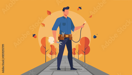 Professional worker holding tools and cable on a path symbolizing autumn repair and service