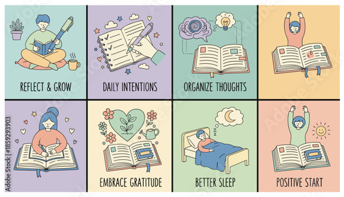 Collection of selfcare and journaling habits reflection intentions organization sleep and positive starts
