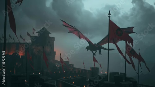 Dark fantasy scene with a flying dragon above a medieval castle in heavy fog, dramatic sky and moody atmosphere creating an epic mythical setting