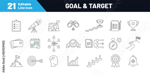 Goal and Target editable icon set. Line icon collection of mission, medal, success, mountain peak, winning, aim, target, trophy and more. Editable stroke, vector illustration.
