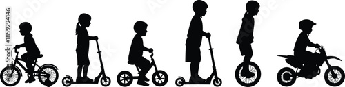 Children riding wheeled vehicles, silhouette progression, tricycle to motorbike, childhood mobility evolution, transportation stages, playful movement, vector illustration, black profile icons