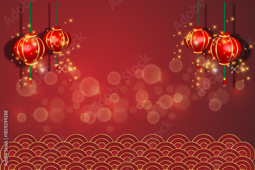 Chinese New Year background with red lanterns and gold ornaments
