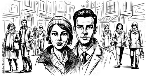 Pencil drawn people set. portrait woman man monochrome, stroke sketch line drawing ink variety vector illustration