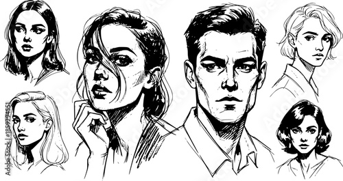Pencil drawn people set. portrait woman man monochrome, stroke sketch line drawing ink variety vector illustration