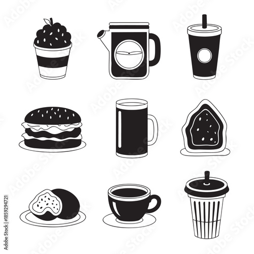 Collection of food and beverage icons with drinks and snacks