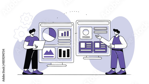 Two colleagues in purple discussing data analysis on large computer screens with graphs and charts