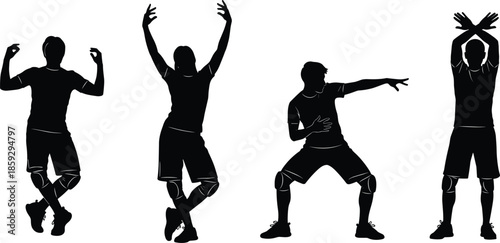 Expressive dance silhouette quartet, motion capture joint markers, dynamic human movement study, choreography reference, gesture analysis, vector illustration for performance and anatomy