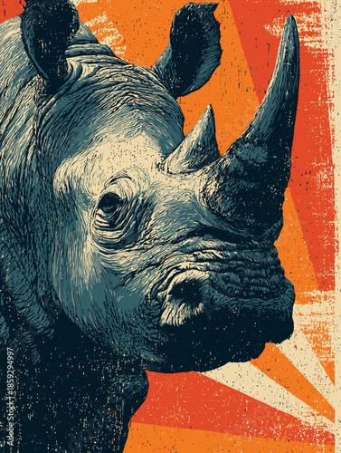 Creative Blue and Black Rhinoceros Sketch Against Bold Orange Canvas