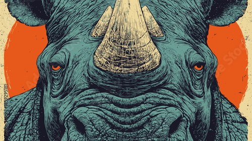 Stylized Blue Rhinoceros Portrait on Vibrant Orange Textured Background