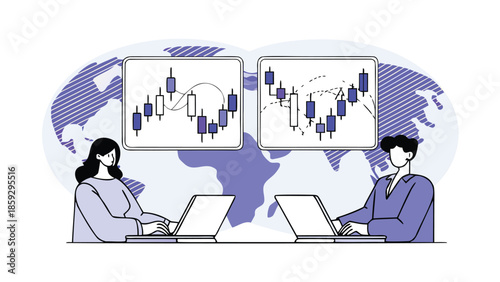Two analysts compare market trends on laptops with stock charts on screens behind them