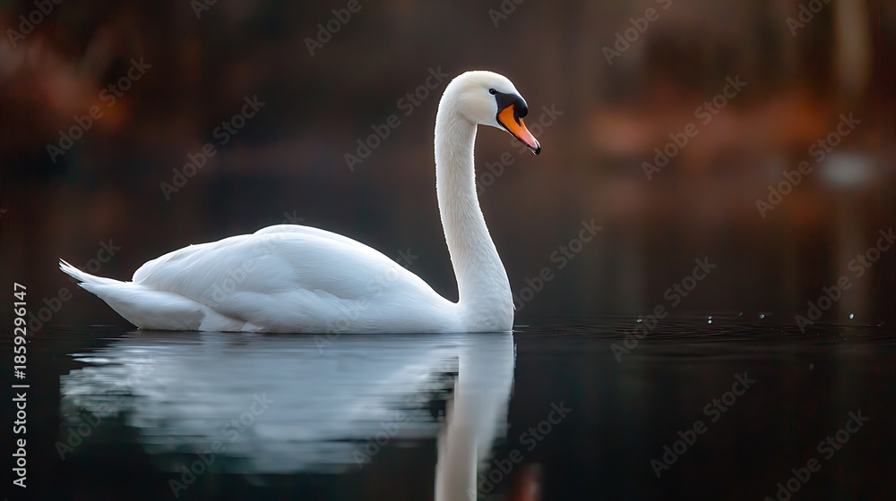 Fototapeta premium A regal white bird gracefully floats upon tranquil waters, mirroring its elegant silhouette
